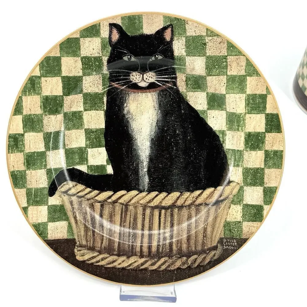 VTG 2004 Country Kitties Set/2 Coffee Mug Dessert Plate Black Cat DC Brown Co.